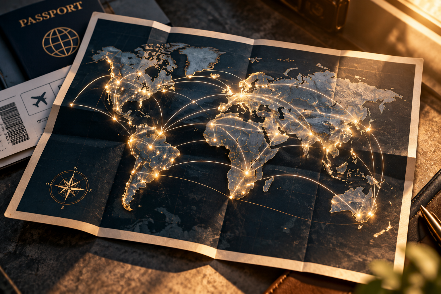 Mapa global con conexiones internacionales